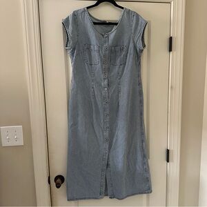 Anthropology Isabella Bird Midi Dress Denim Cap Sleeve Button Down Blue Stripe